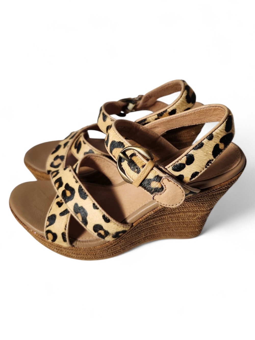 UGG Jasmine Leopard Print Calf Hair Wedge Sandals in Tan and Black Size 7